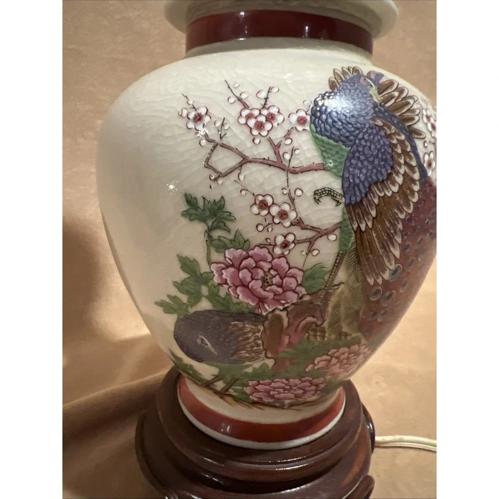 Vintage Chinese Hand painted Ceramic Lamp Peacock Wooden Base Oriental Lamp Work